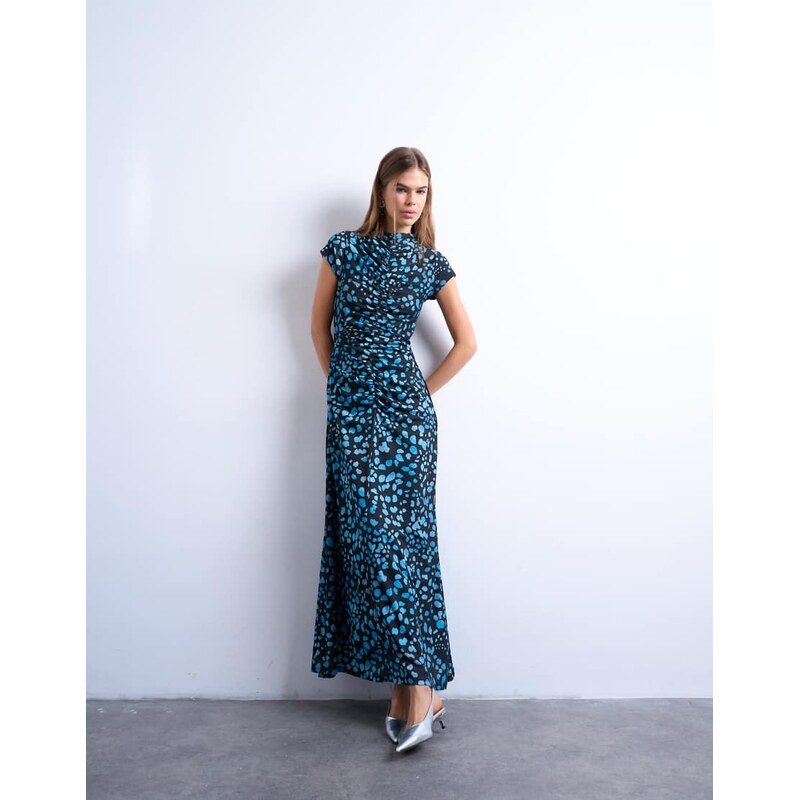 Topshop animal print cap sleeve ruched maxi dress in blue-Black