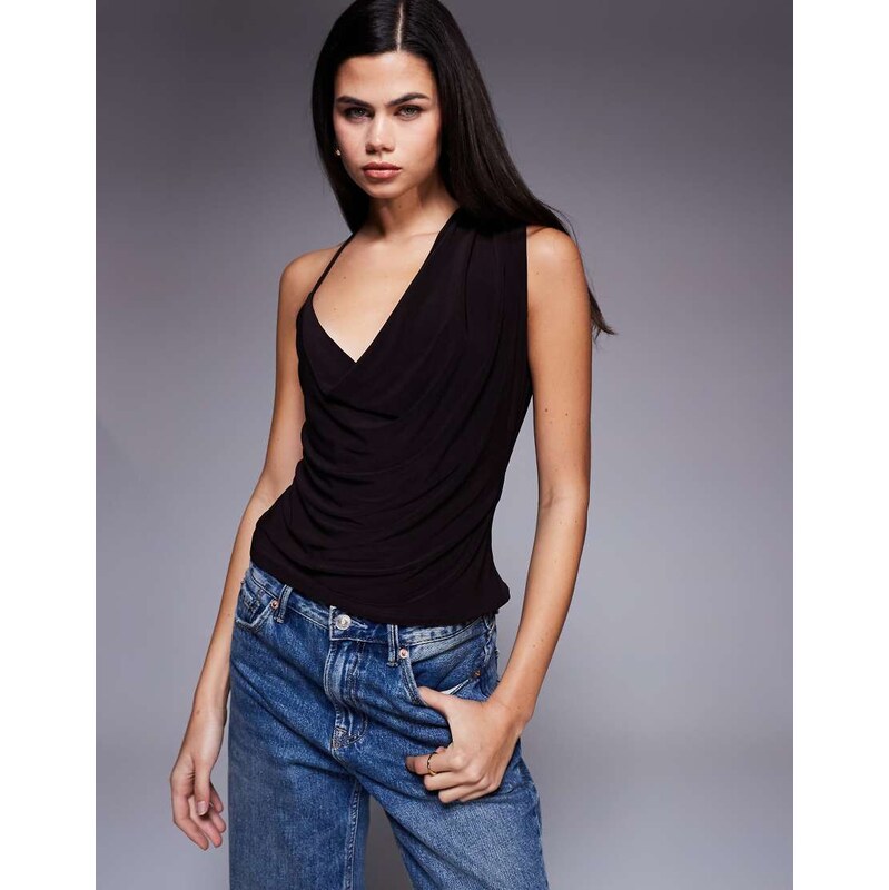 ASOS DESIGN slinky asymmetric cowl neck top in chocolate-Brown