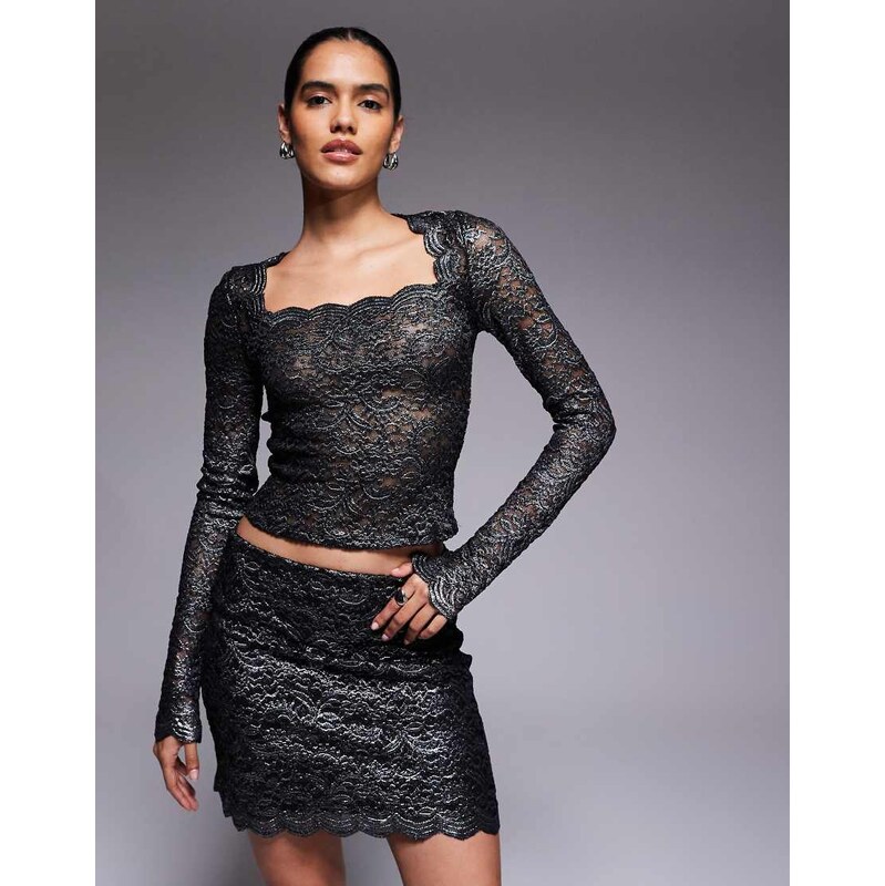 ASOS DESIGN metallic lace square neck long sleeve top in black and silver-Multi