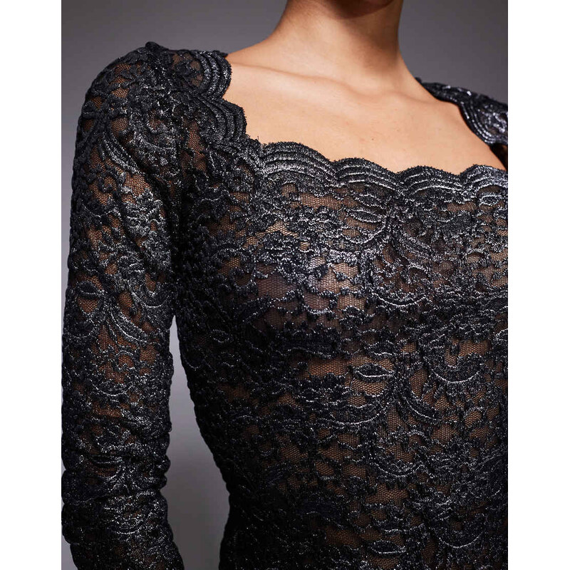 ASOS DESIGN metallic lace square neck long sleeve top in black and silver-Multi