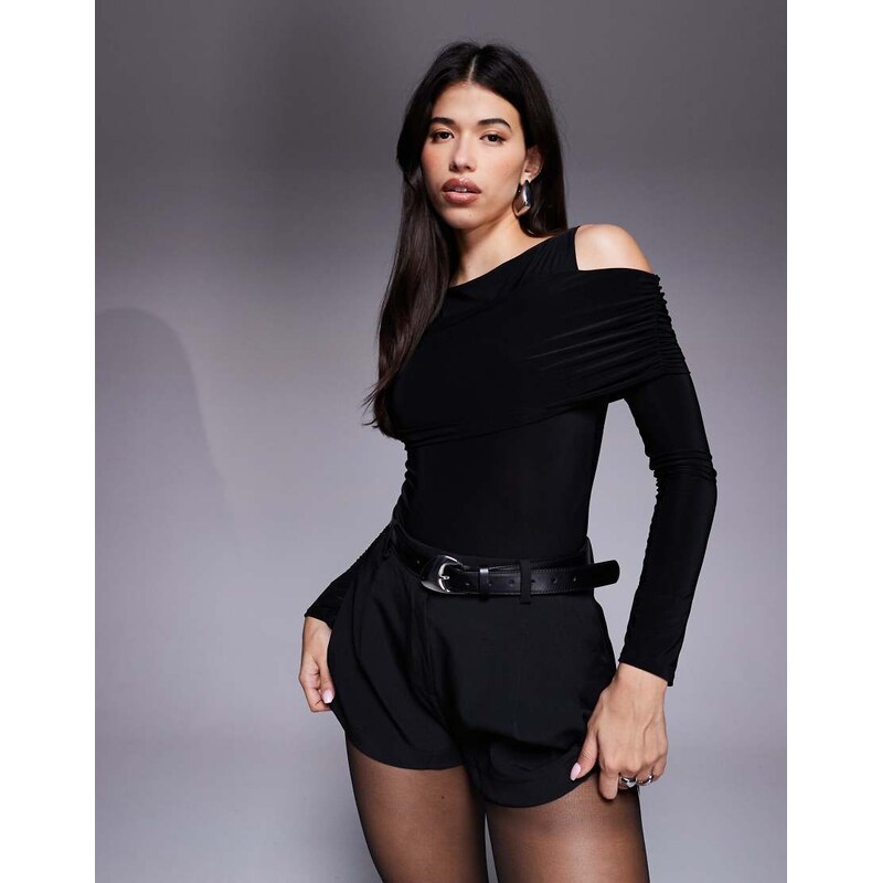 ASOS DESIGN cold shoulder drape slinky bodysuit in black