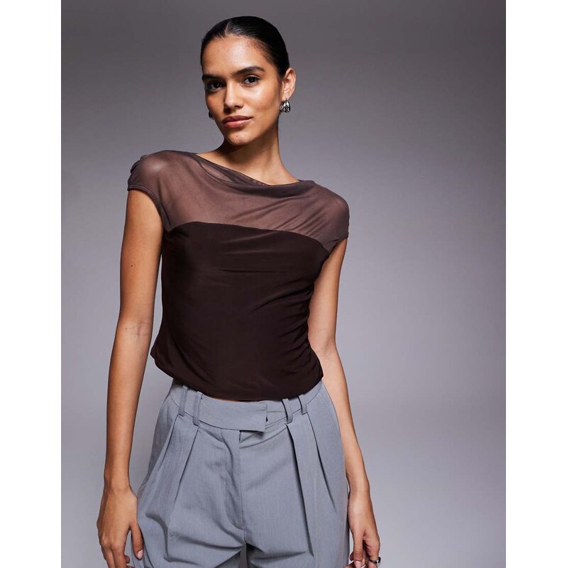 ASOS DESIGN mesh slinky mix slash neck top in chocolate-Brown