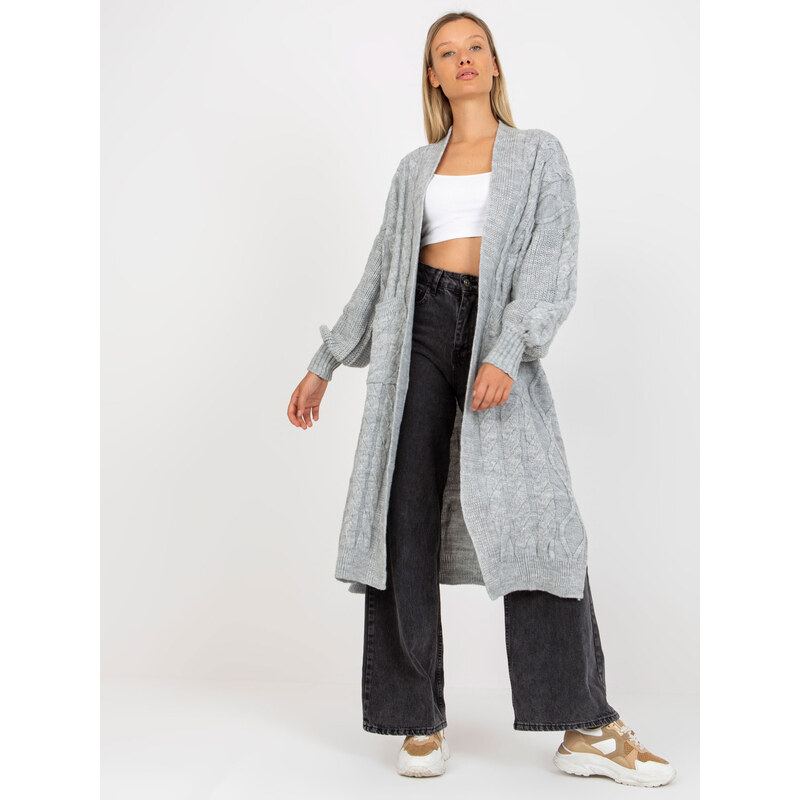 RUE PARIS Světle šedý maxi kardigan s kapsami --light grey Šedá 111247481