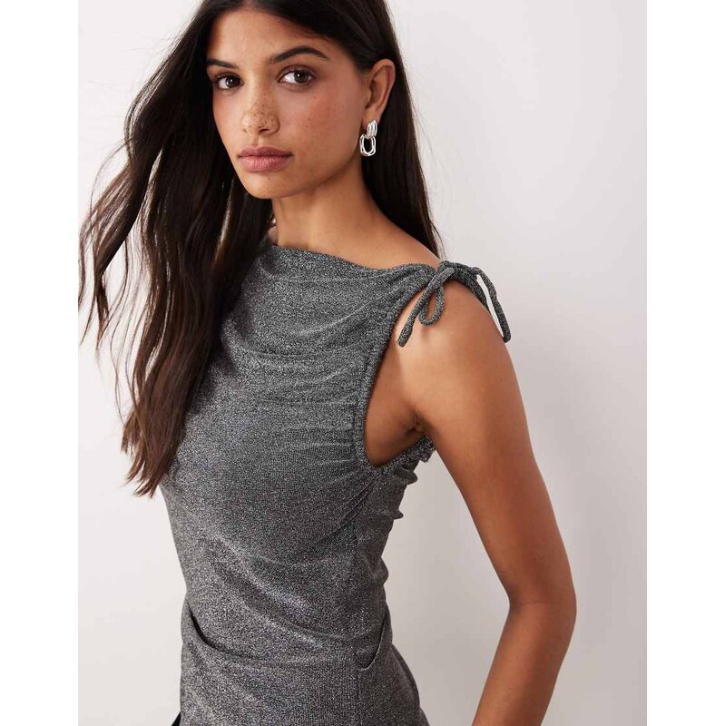 AWARE asymmetric tie shoulder detail glitter top in black and