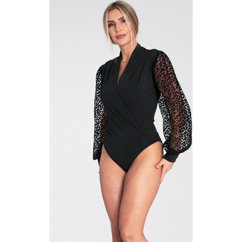 FIGL Černé dámské zavinovací body s leopardími rukávy M1082