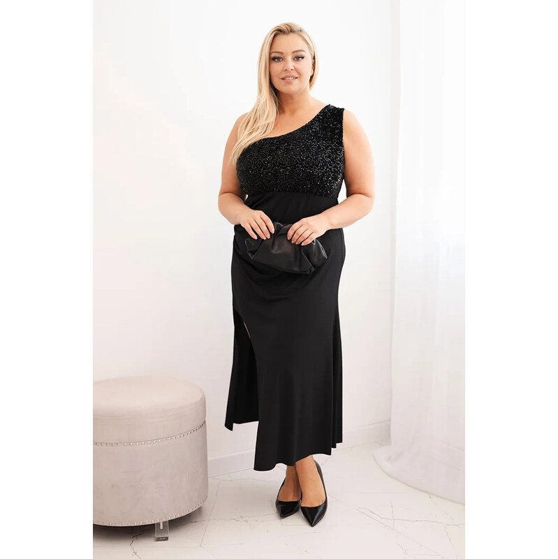 K-Fashion Dámská večerní šaty Plus Size na jedno rameno černá