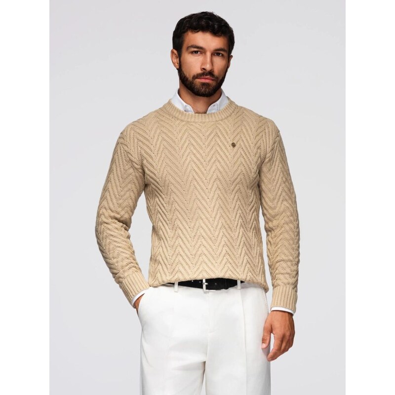 Ombre Clothing Pletený pánský béžový svetr v elegantní barvě V1