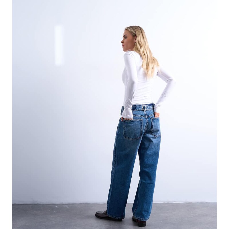 Topshop Petite Cinch low rise relaxed jean in vintage blue 115371500