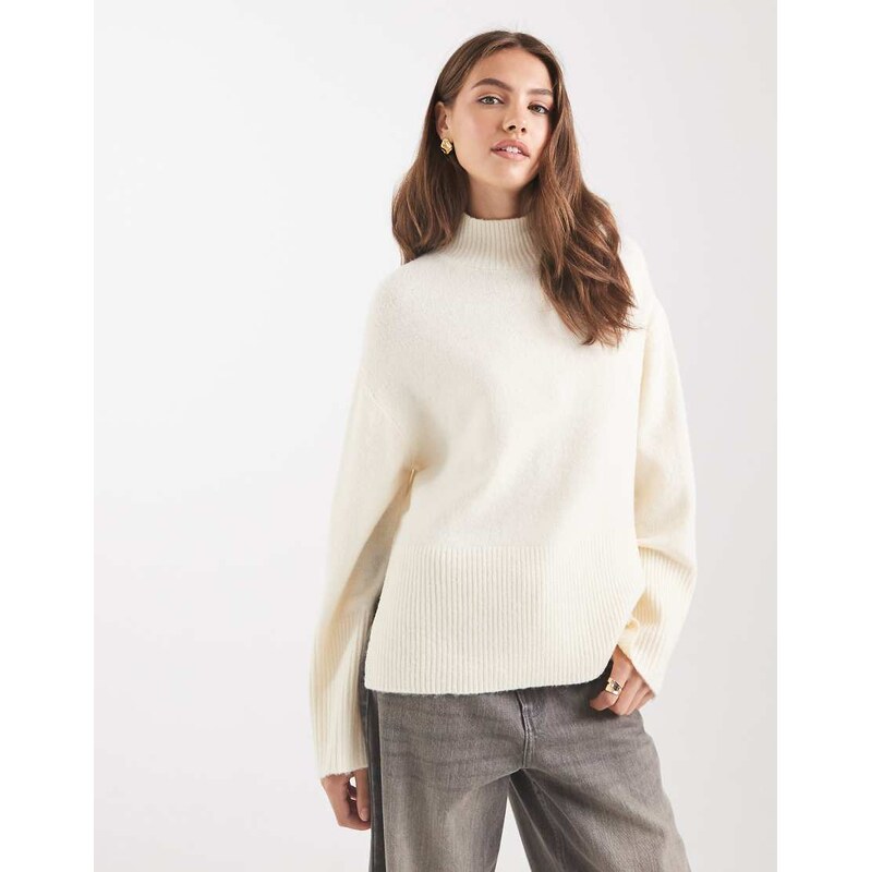 Brave Soul high neck jumper with wide sleeves in cream-White