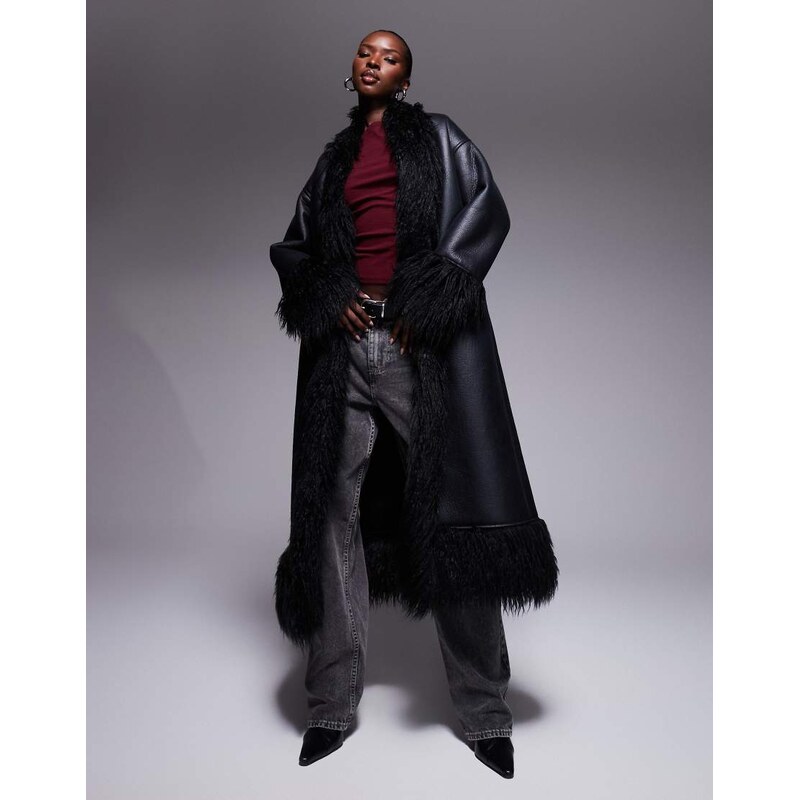 Aria Cove shaggy faux fur trim leather look maxi coat in black