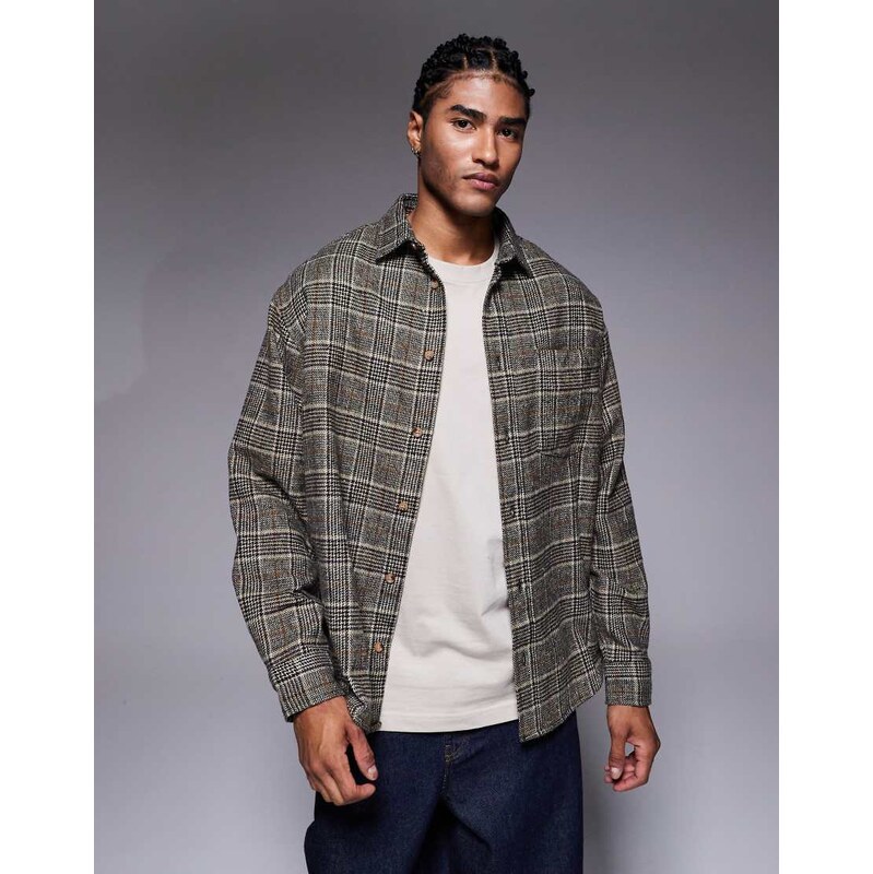 ASOS DESIGN regular flannel check shirt in brown-Grey