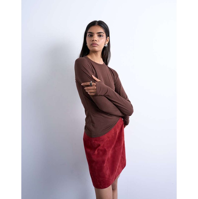 Topshop long sleeve crew neck superfine top in chocolate brown