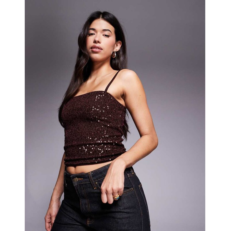 ASOS DESIGN allover sequin cami top in chocolate-Brown