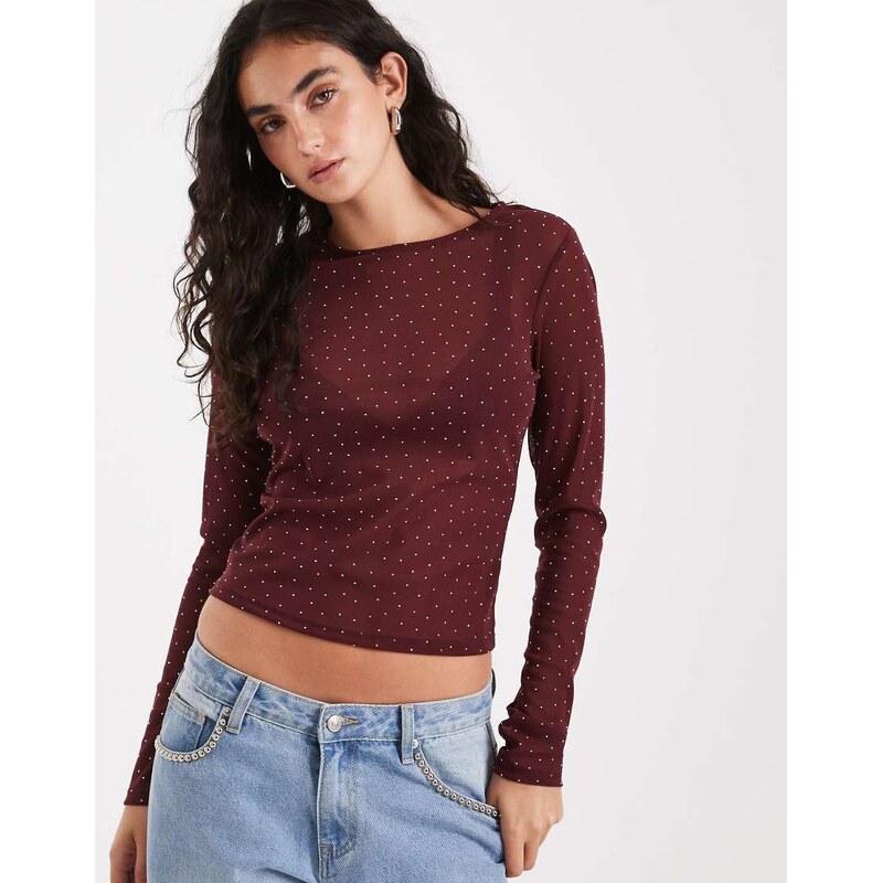ASOS DESIGN textured mesh hotfix long sleeve top in burgundy