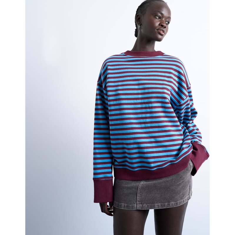 Topshop stripe oversized deep cuff sweat in blue and burgundy-Multi 115513360