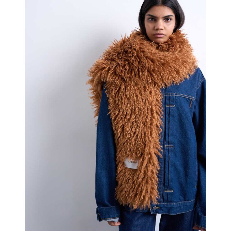 Topshop Sara shaggy faux fur blanket scarf in tan-Brown