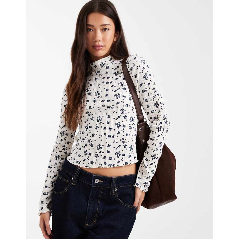Miss Selfridge ribbed high neck top in ditsy print-Multi 108888623