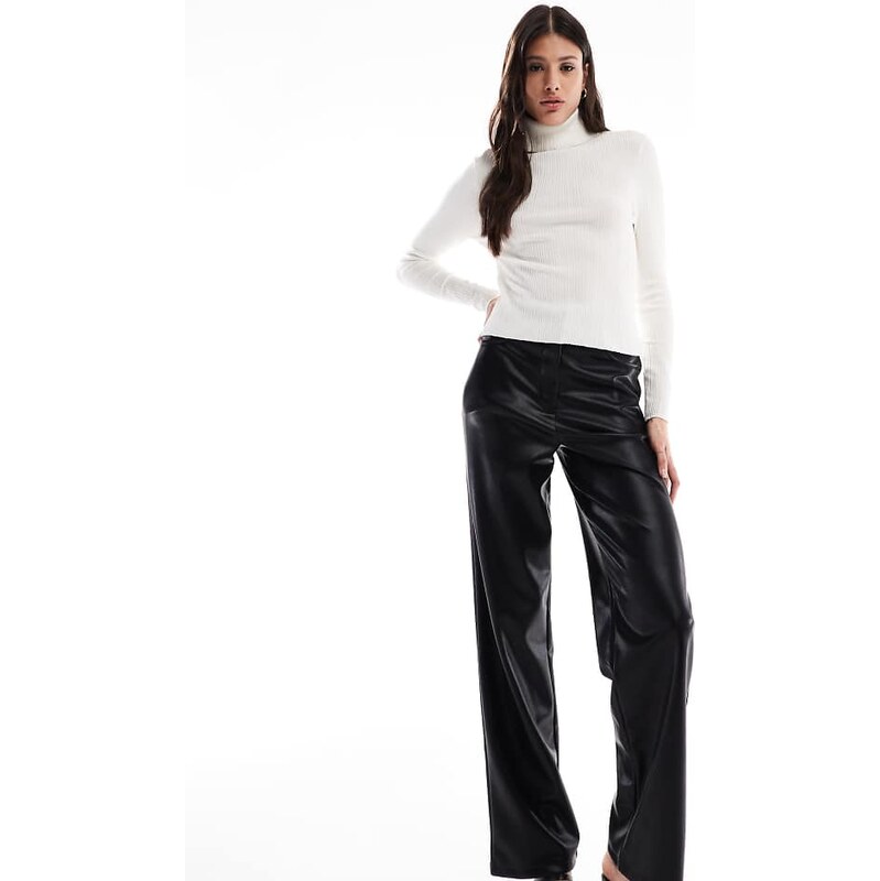 ASOS Tall ASOS DESIGN Tall leather look wide leg trouser in black 109527444