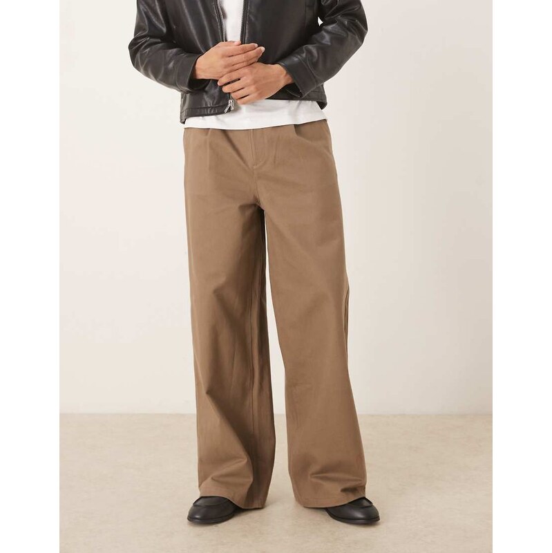 ASOS DESIGN loose faux suede trousers with pleats in brown