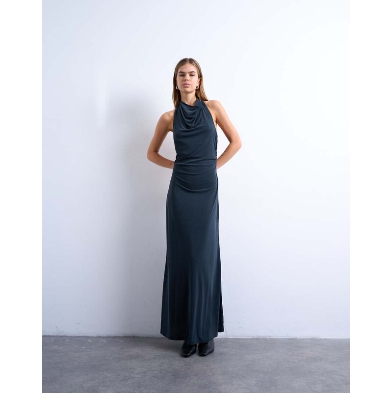 Topshop cupro open cowl back maxi dress in charcoal grey