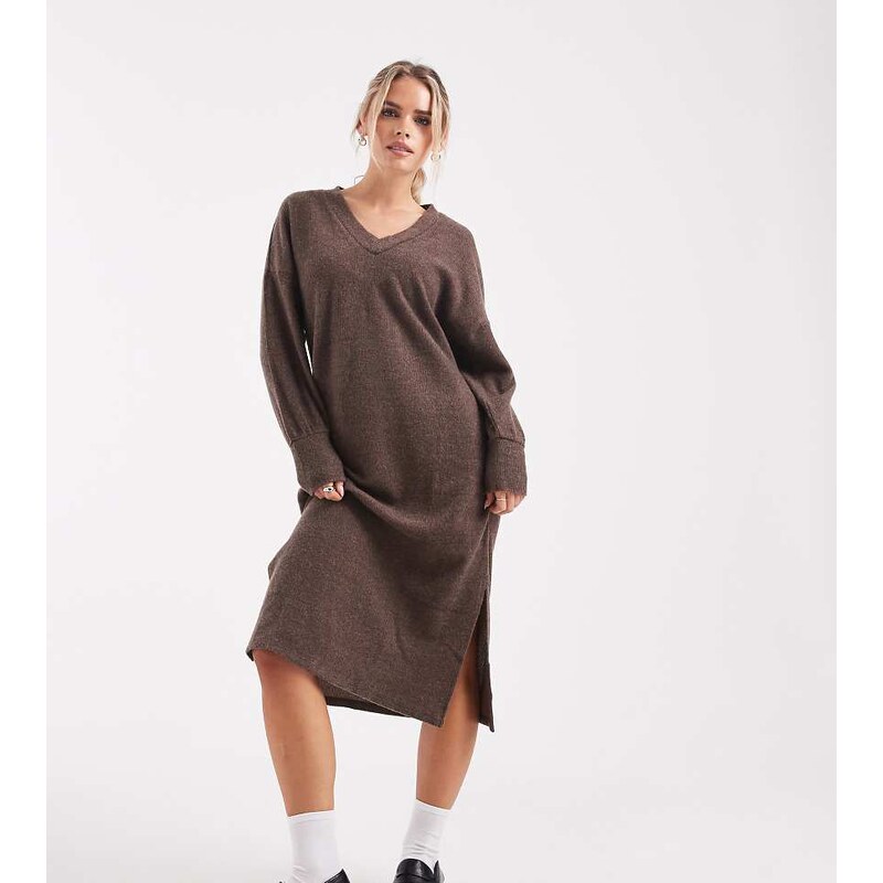 Vero Moda Petite soft rib knit v neck midi dress in chocolate