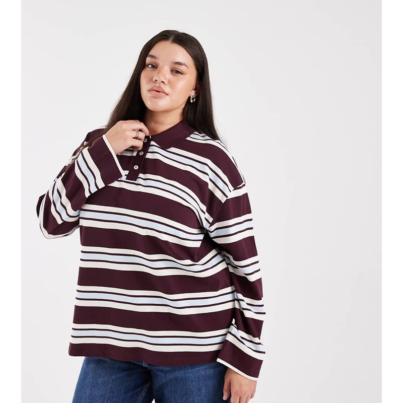 Vero Moda Curve rugby polo in burgundy and soft blue stripe