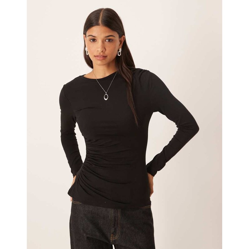 ASOS DESIGN cotton ruched long sleeve top in black