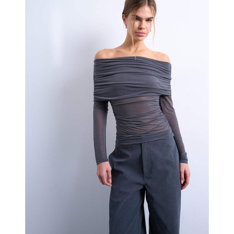 Topshop mesh bardot fold over long sleeve top in grey 109534567