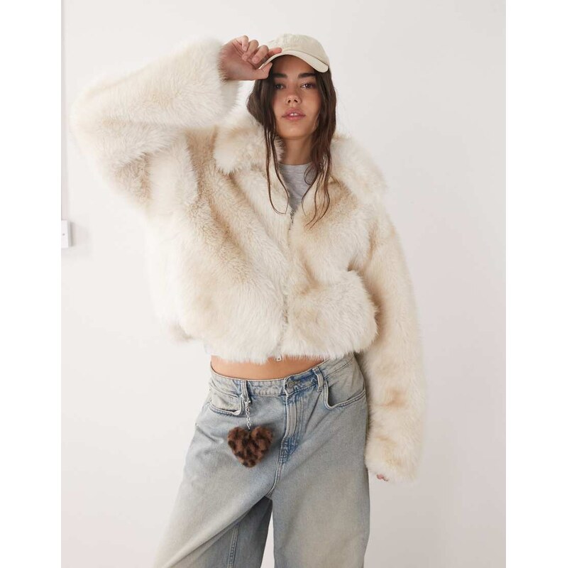 Monki short faux fur jacket in off white