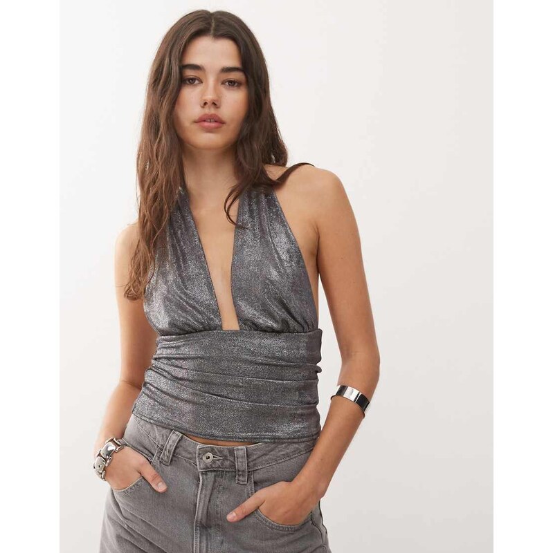 Weekday shimmer deep halter neck top in off-black 109594303