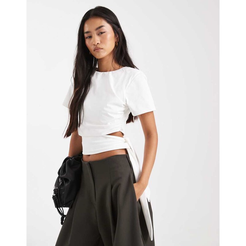 ASOS DESIGN crop t-shirt with shoulder pads and tie side waist in 115548097