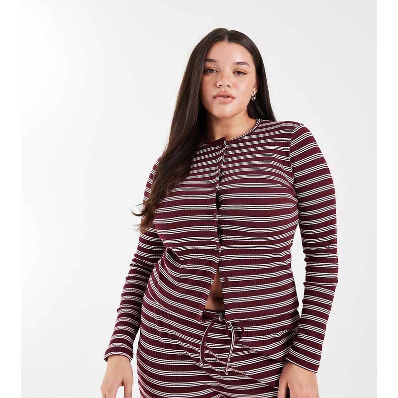 COLLUSION PLUS fitted rib cardigan in maroon stripe co-ord-Multi