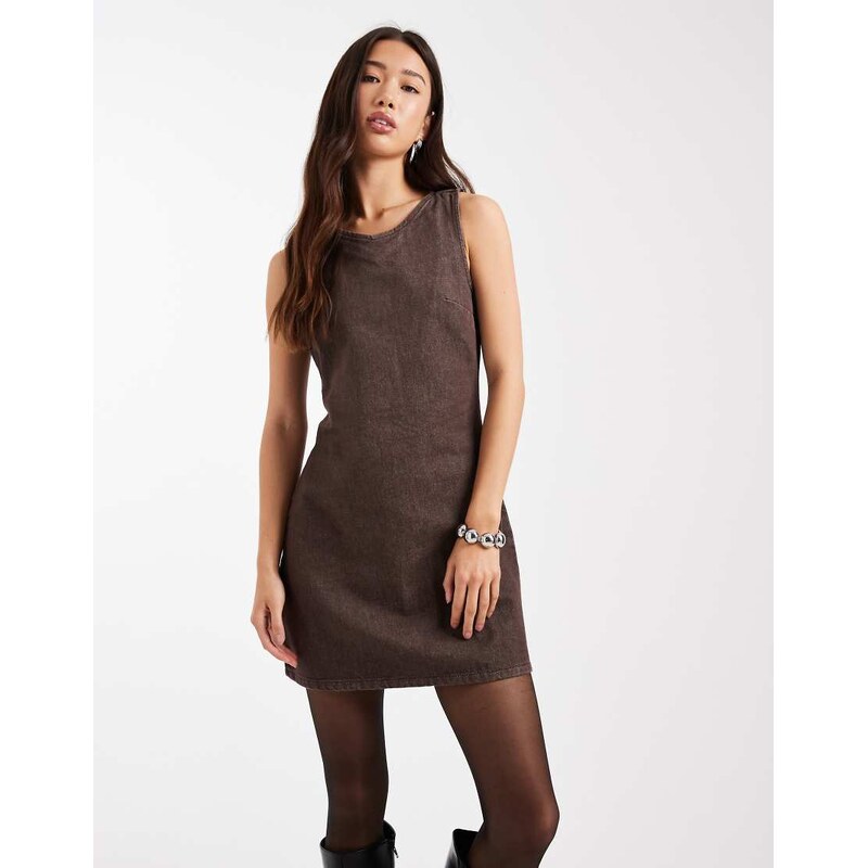 ASOS DESIGN denim mini dress with high v neck in brown