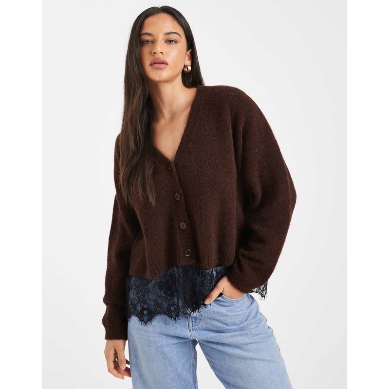 Miss Selfridge knit cardigan with lace hem in chocolate-Pink