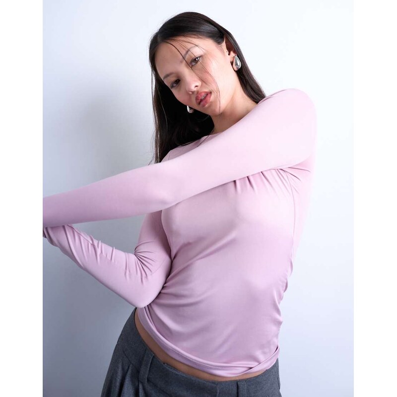 Topshop slinky crew neck long sleeve top in pink 109412789