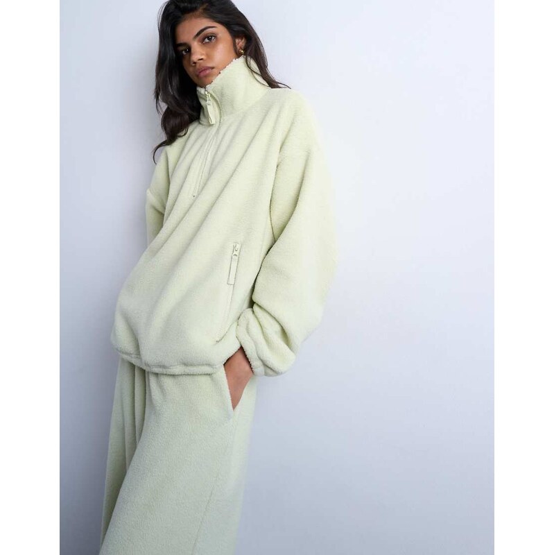 Topshop borg fleece funnel quarter zip co-ord in lime green 109534418
