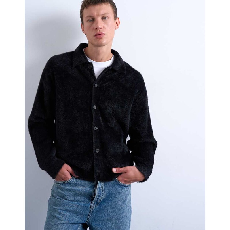 Topman fluffy knit cardigan in black