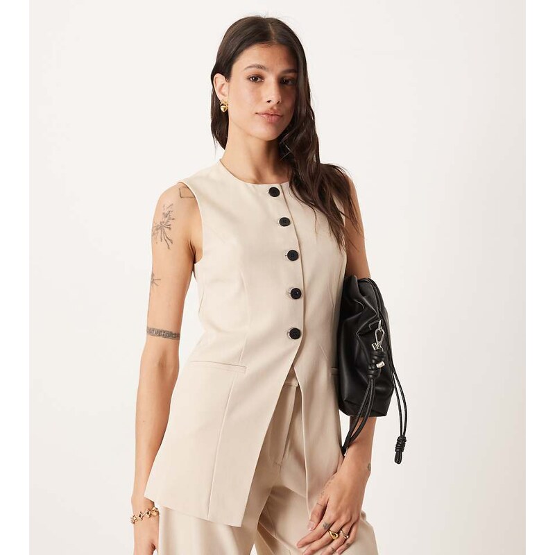 JDY Tall longline button through waistcoat co-ord in stone-Neutral 109534420