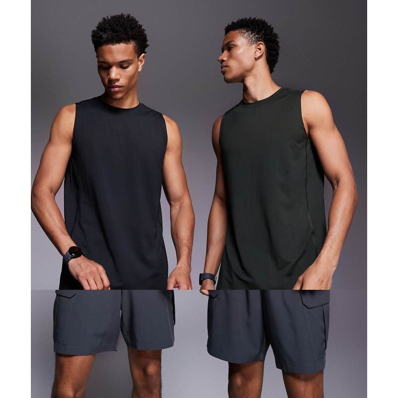 4505 Icon quick dry mesh training tank 2 pack in black and khaki-Multi 112773353