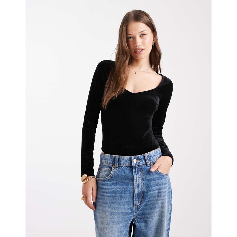 Miss Selfridge velvet sweetheart neckline bodysuit-Black 109534446