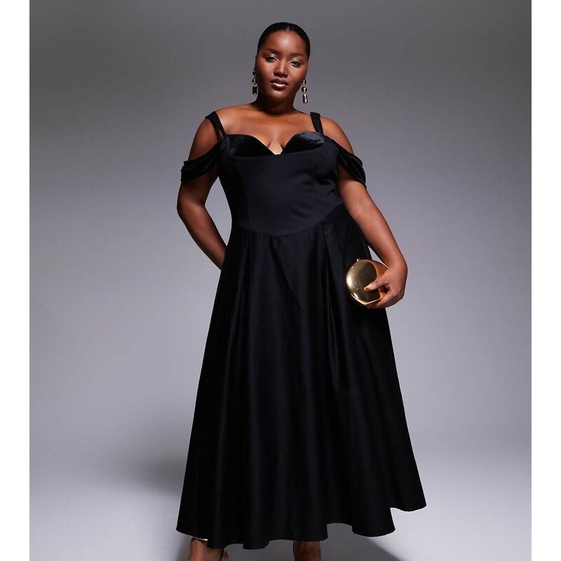 ASOS LUXE Curve midi dress with full skirt and velvet inserts in