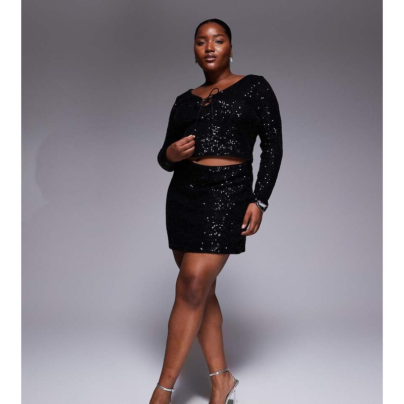 ASOS Curve ASOS DESIGN Curve allover sequin mini skirt in black 115513731