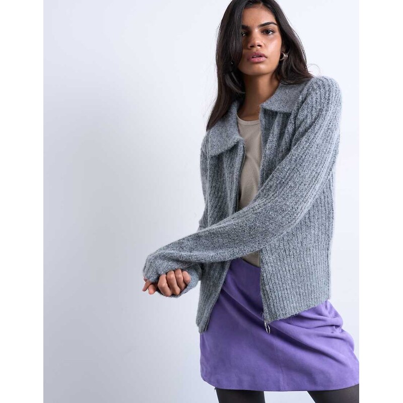 Topshop knitted collar zip ring cardi in grey 115513747