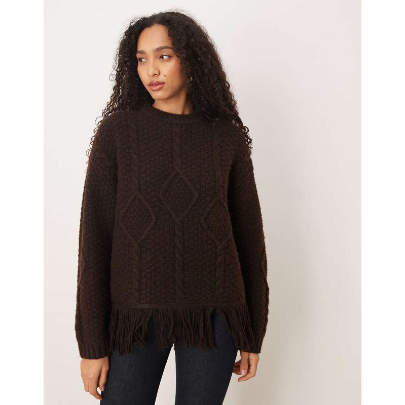 ASOS DESIGN cable knit crew neck fringe jumper in chocolate