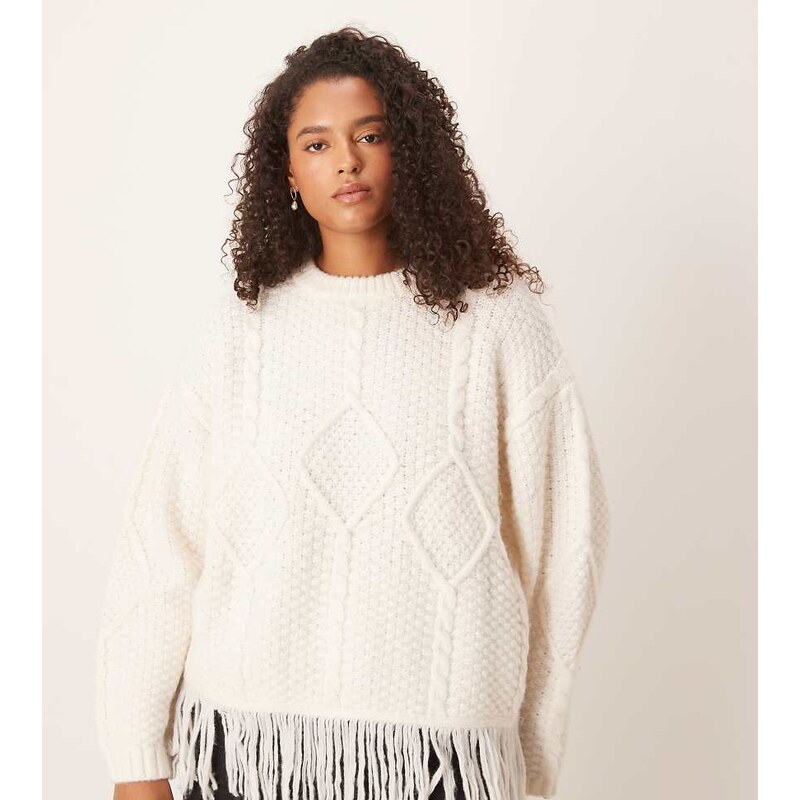ASOS Curve ASOS DESIGN Curve cable knit crew neck fringe jumper in 109534485