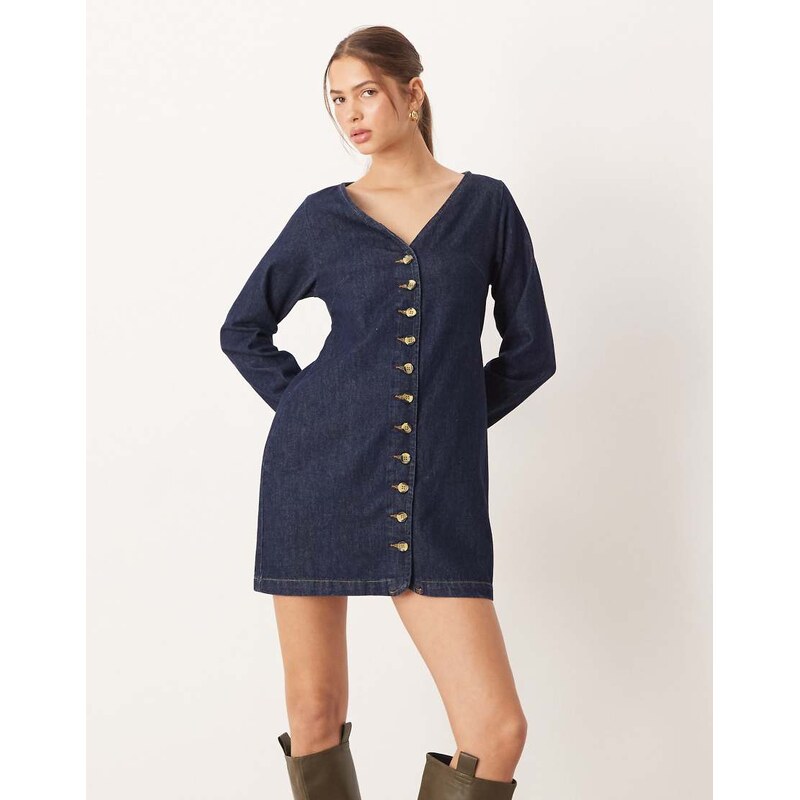 ASOS DESIGN denim v neck mini dress with pocket detail in rinse