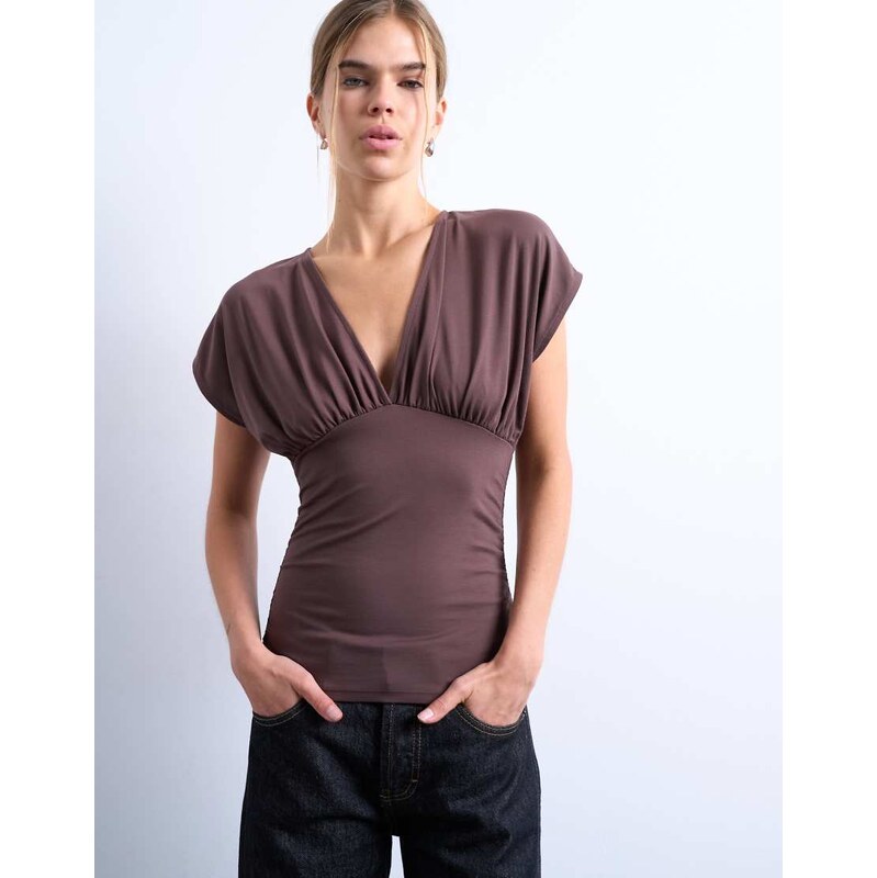 Topshop slinky v-neck ruched top in chocolate brown 109534499