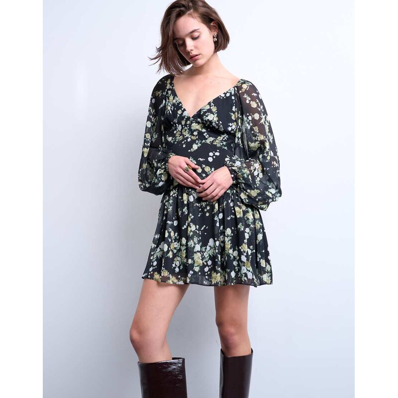 Topshop blouson sleeve mini tea dress in grungy floral-Black