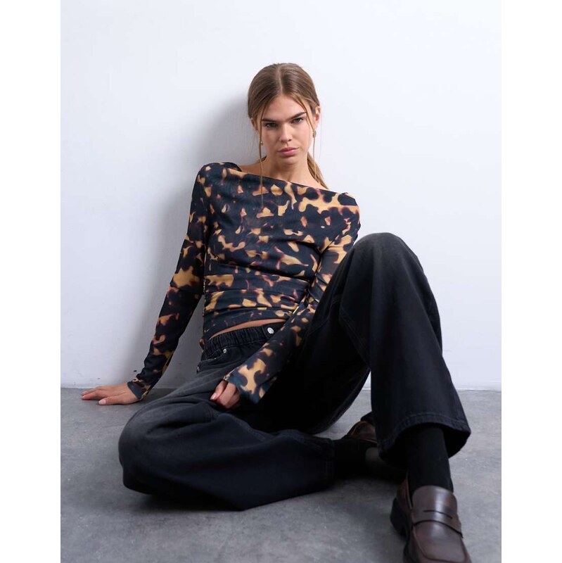 Topshop mesh cowl neck tortoise shell animal print long sleeve top in 109534563
