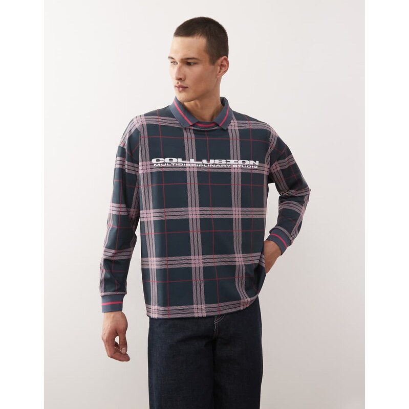 COLLUSION Unisex long sleeve check football top in navy
